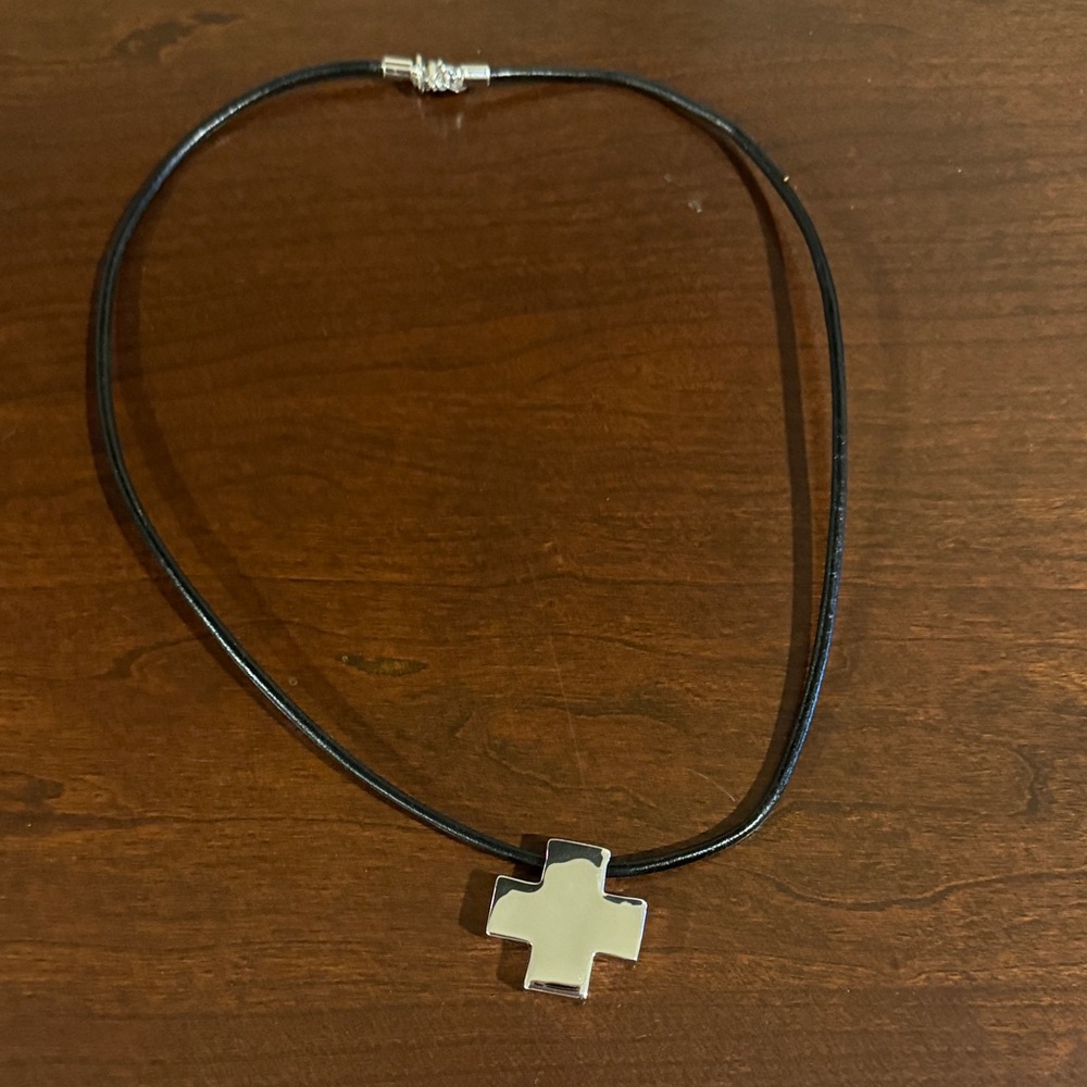Lia Sophia Black Cord Necklace with Silver Cross Pendant 90’s